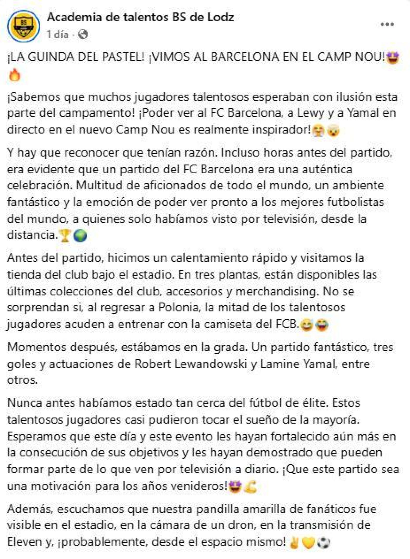 La publicación de Facebook de la academia de fútbol sobre su estancia en el Spotify Camp Nou