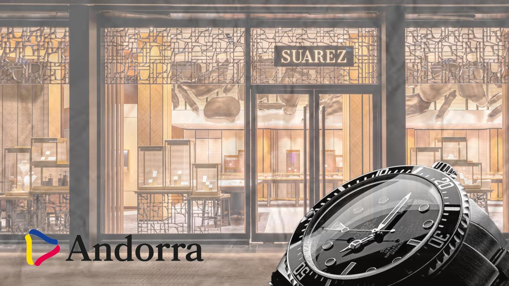 Fotomontaje con una tienda de Suarez, un rolex y el logo de Andorra