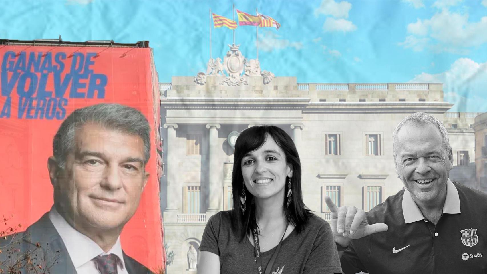 Fotomontaje de Sílvia Orriols y Lluís Carrasco frente al Ayuntamiento de Barcelona y la lona de Laporta en Madrid