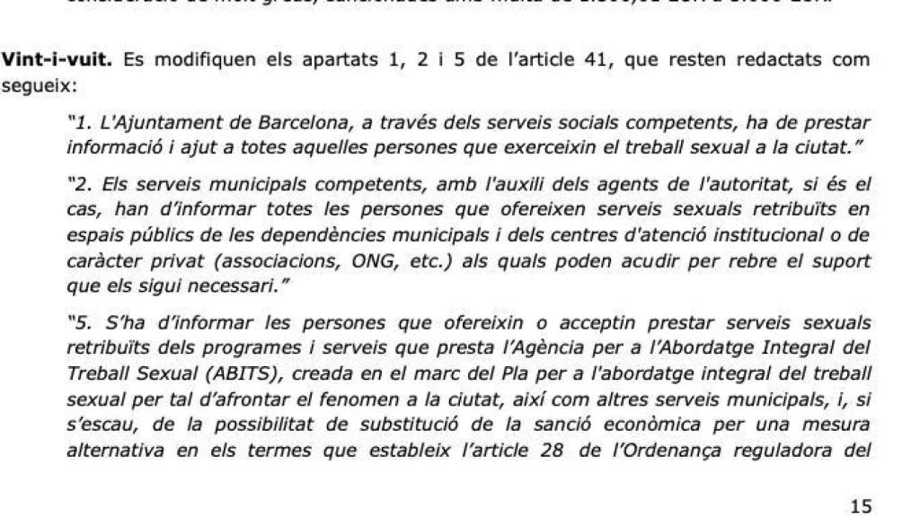 L'article de l'Ordenança Municipal sobre les mesures relacionades amb el treball sexual a Barcelona