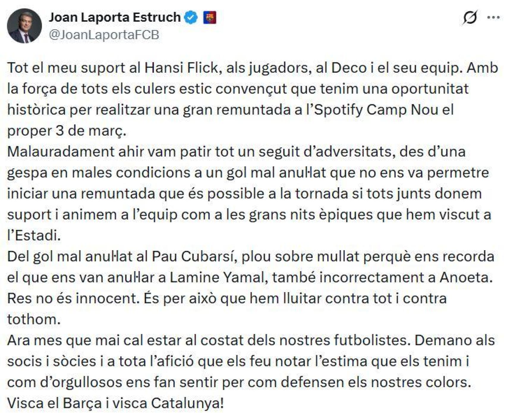 La rajada de Joan Laporta contra els àrbitres després de l'Atlètic de Madrid-Barça