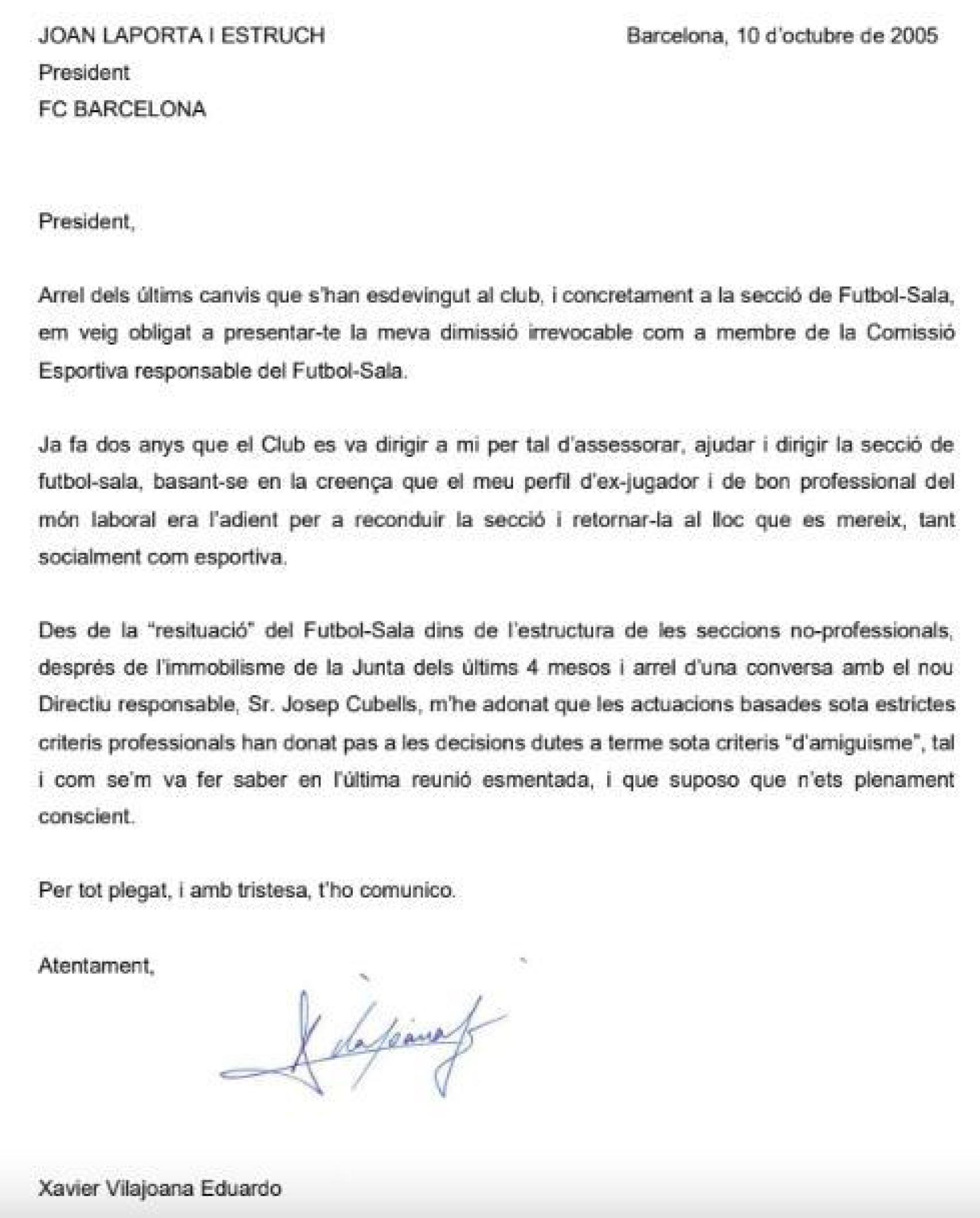 La carta de dimisión de Xavi Vilajoana a Joan Laporta en 2005