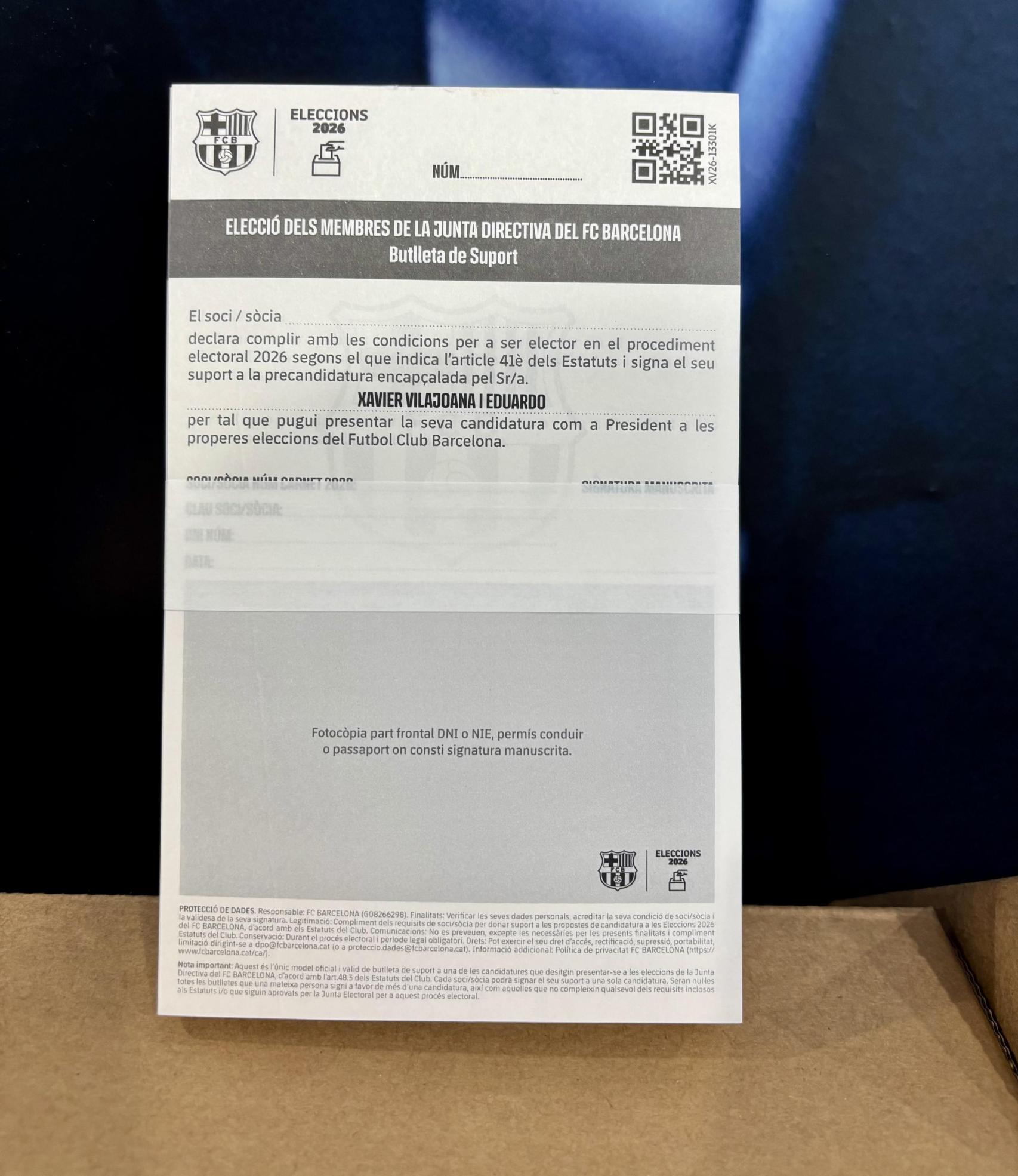 Papereta per a la recollida de signatures a les eleccions del Barça