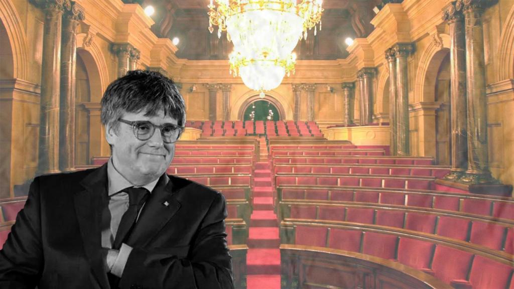 Fotomontaje de Carles Puigdemont con el hemiciclo del Parlament de fondo
