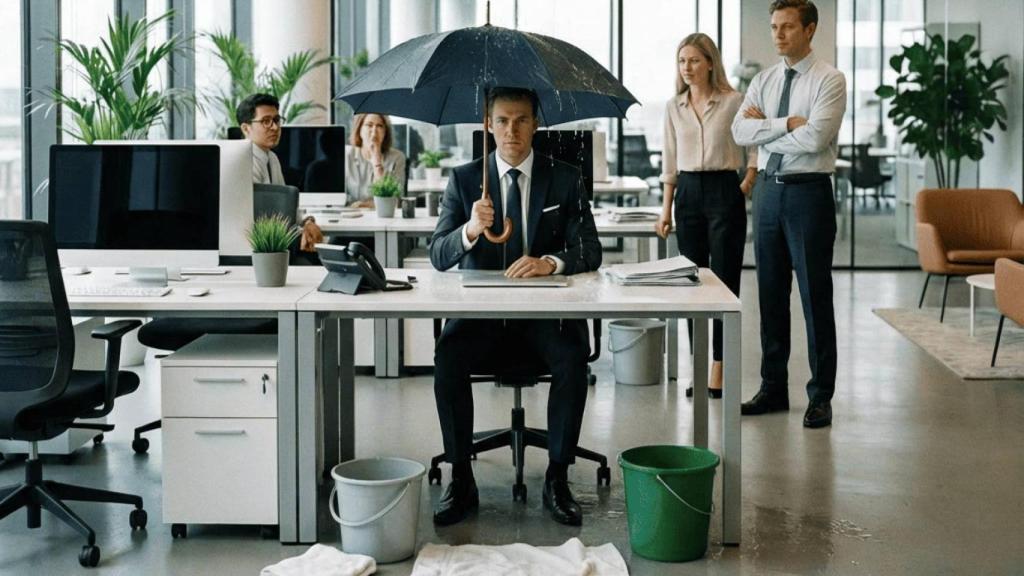 Gotera en una oficina y trabajador con paraguas