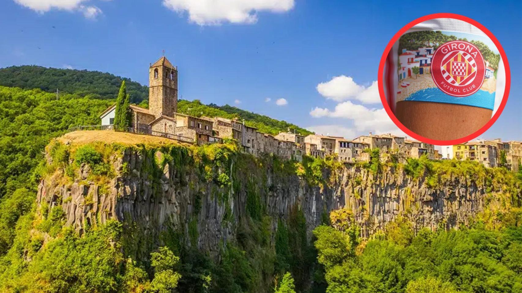 Un montaje de Castellfollit de la Roca con el brazalete que el Girona lucirá en el derbi ante el FC Barcelona