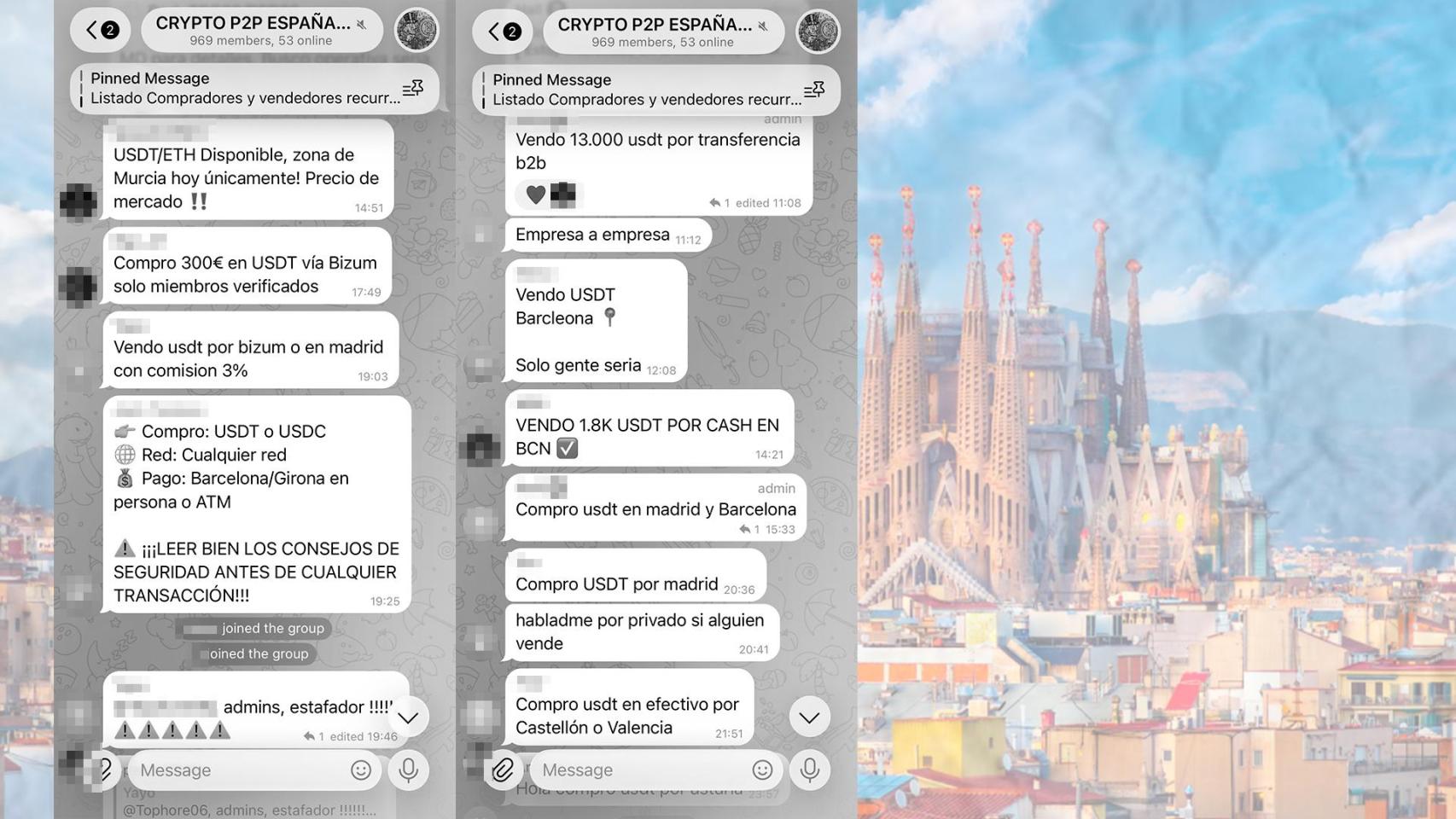 Un montaje con dos capturas de conversaciones de un grupo de Telegram de compraventa de criptomonedas con una imagen de Barcelona de fondo