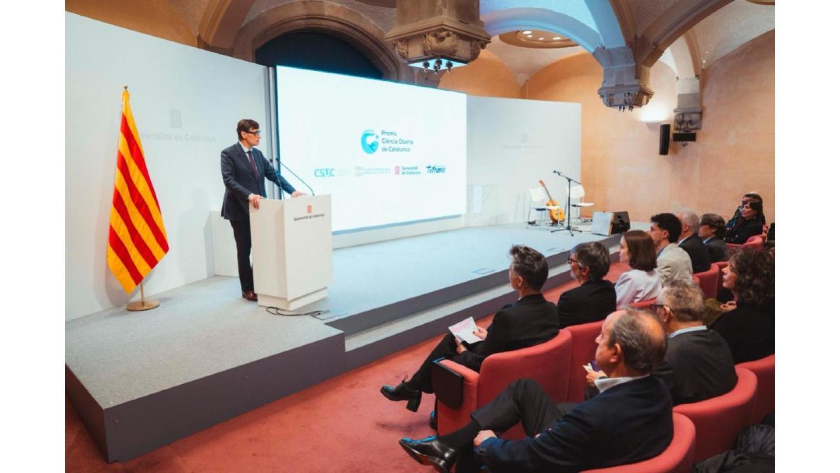 El 'president' Salvador Illa, en la entrega de los Premios Ciencia Oberta ayer