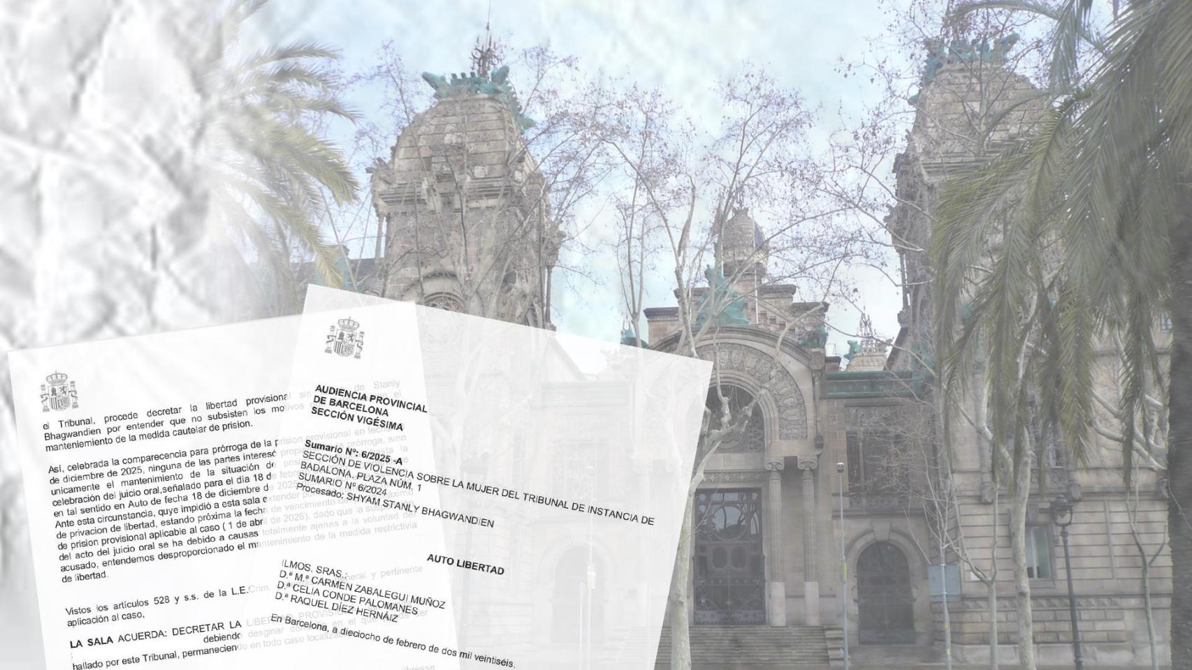 La Audiencia de Barcelona de fondo con el auto de libertad en primer plano