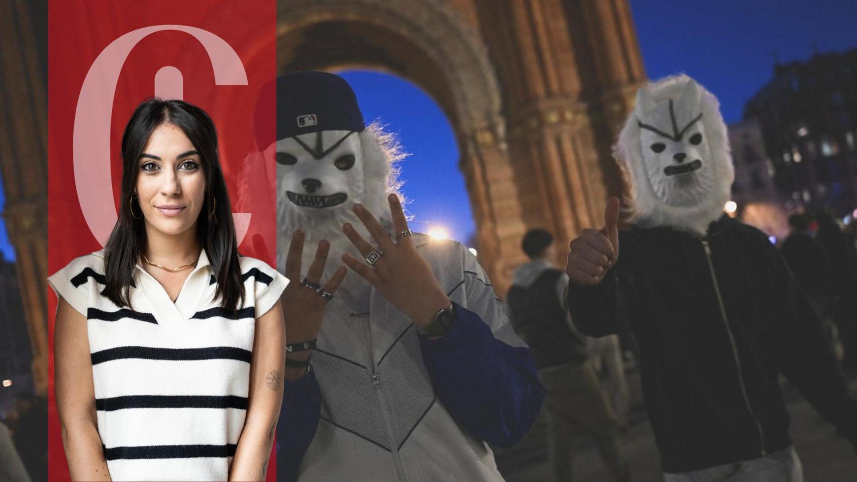 Dos jóvenes con máscaras de lobo posan en la concentración de 'therians' en Barcelona este sábado