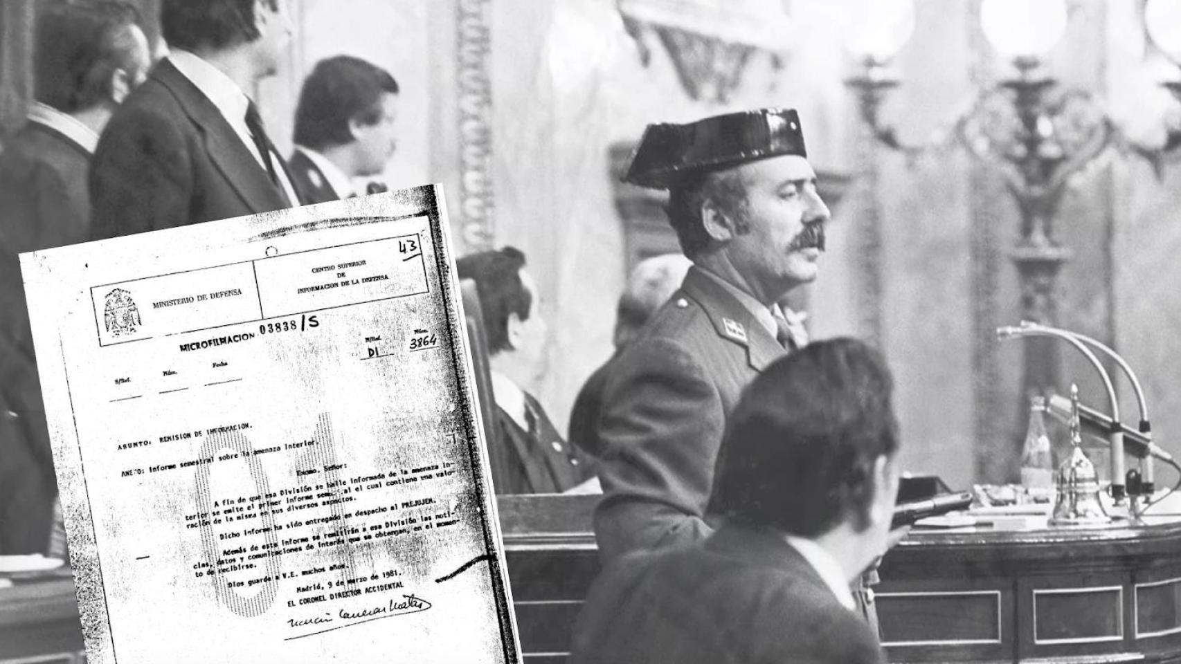 El teniente coronel Antonio Tejero, en el golpe de Estado del 23-F, y el informe desclasificado del CESID sobre las amenazas que sufría la democracia