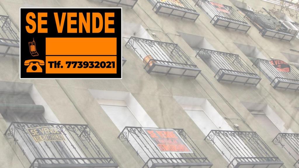 Montaje con una foto de pisos y un cartel de 'se vende'