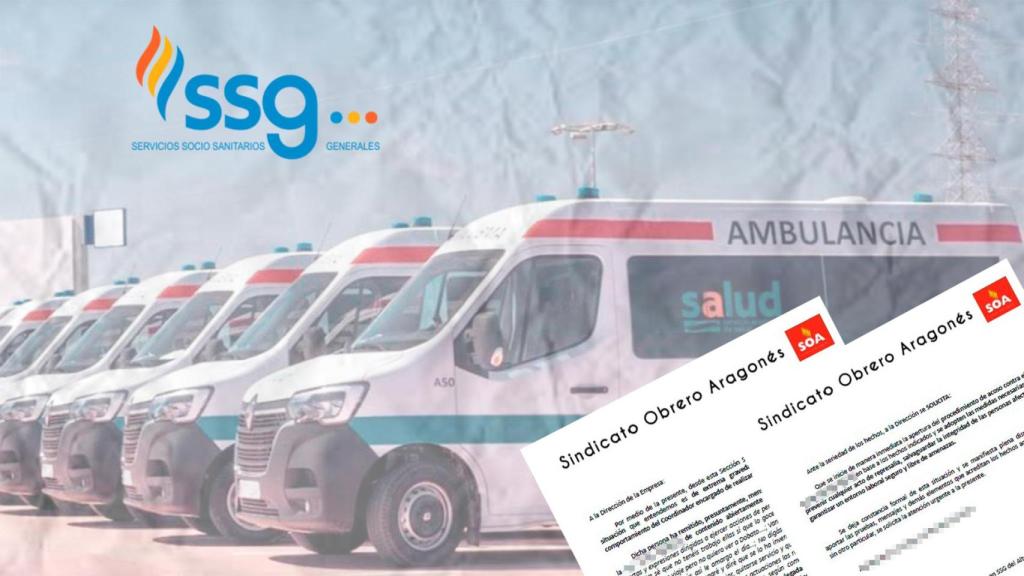 Un montaje con una imagen de las ambulancias de SSG, el logo de la empresa y la denuncia por acoso del SOA.