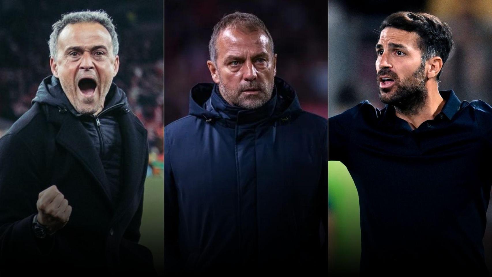 Luis Enrique, Hansi Flick y Cesc Fábregas en un montaje