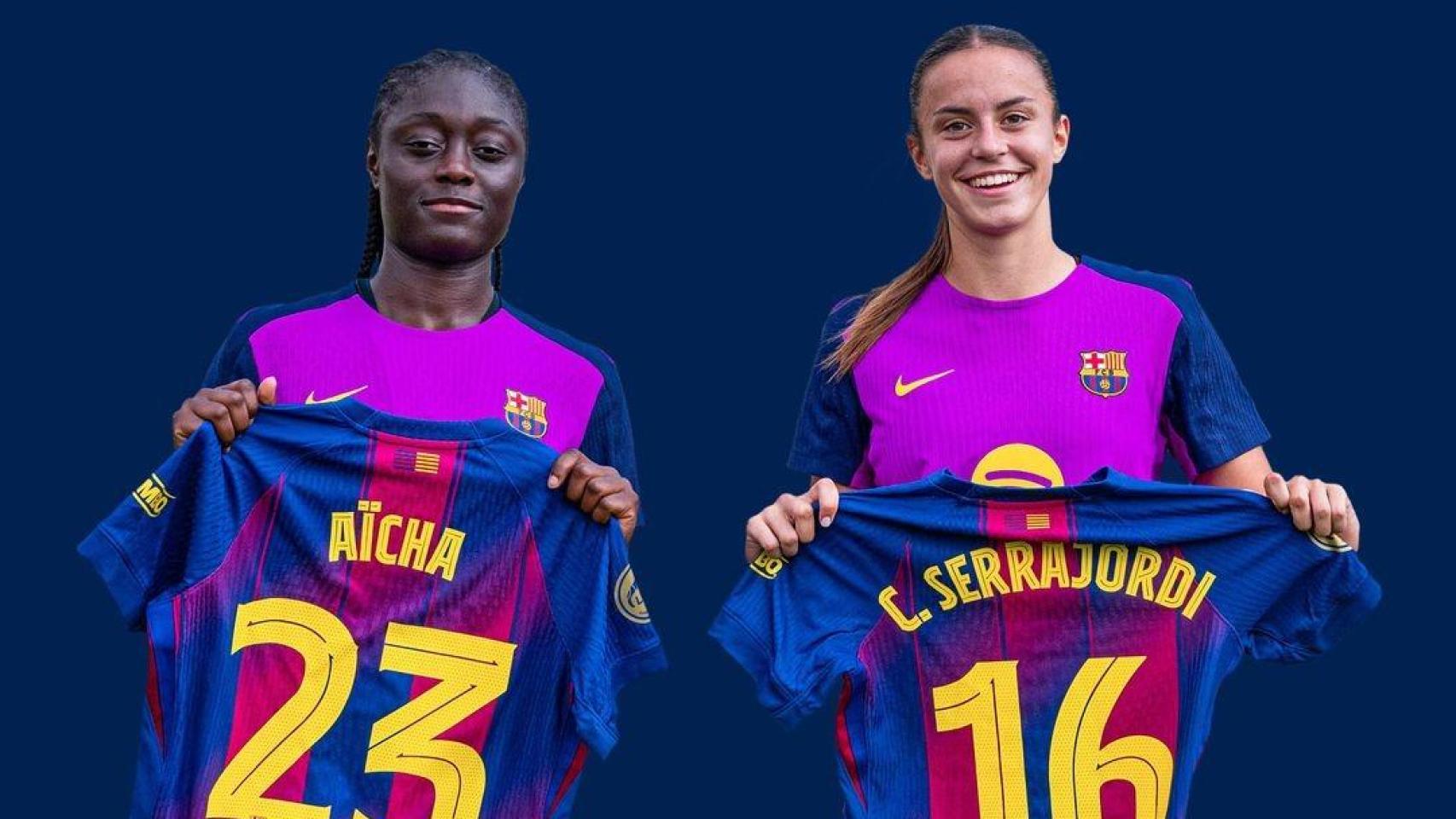 Aïcha Cámara y Clara Serrajordi posan con la camiseta del Barça Femenino