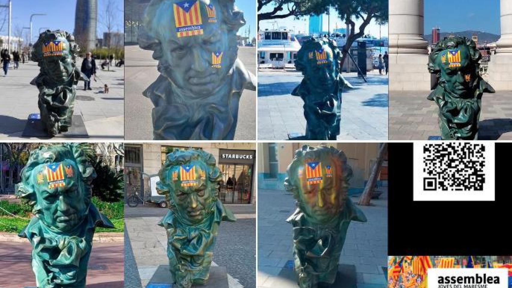 Imagen de las estatuas de los premios Goya vandalizadas por radicales secesionistas