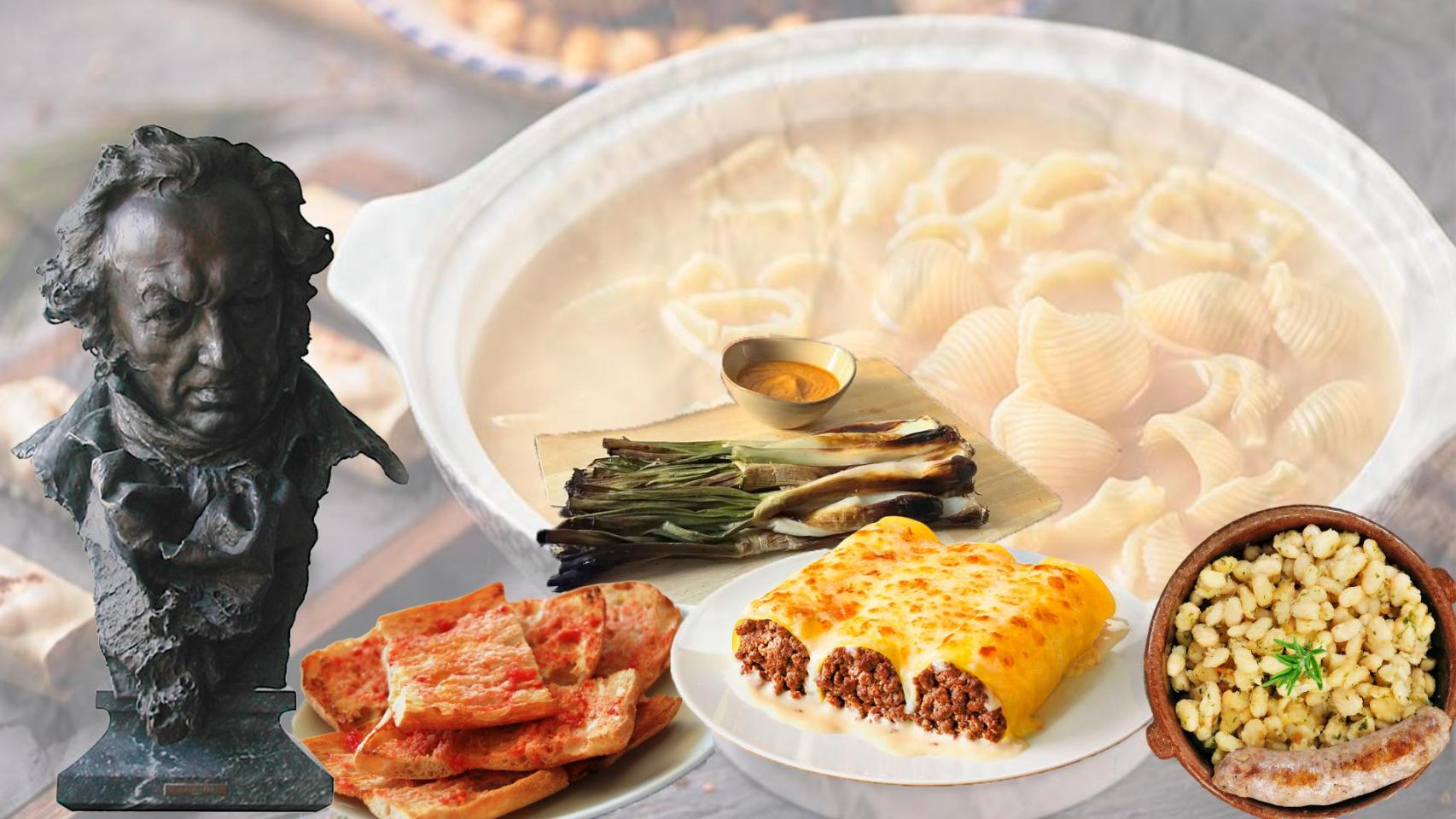 Platos típicos catalanes y estatuilla de los Goya