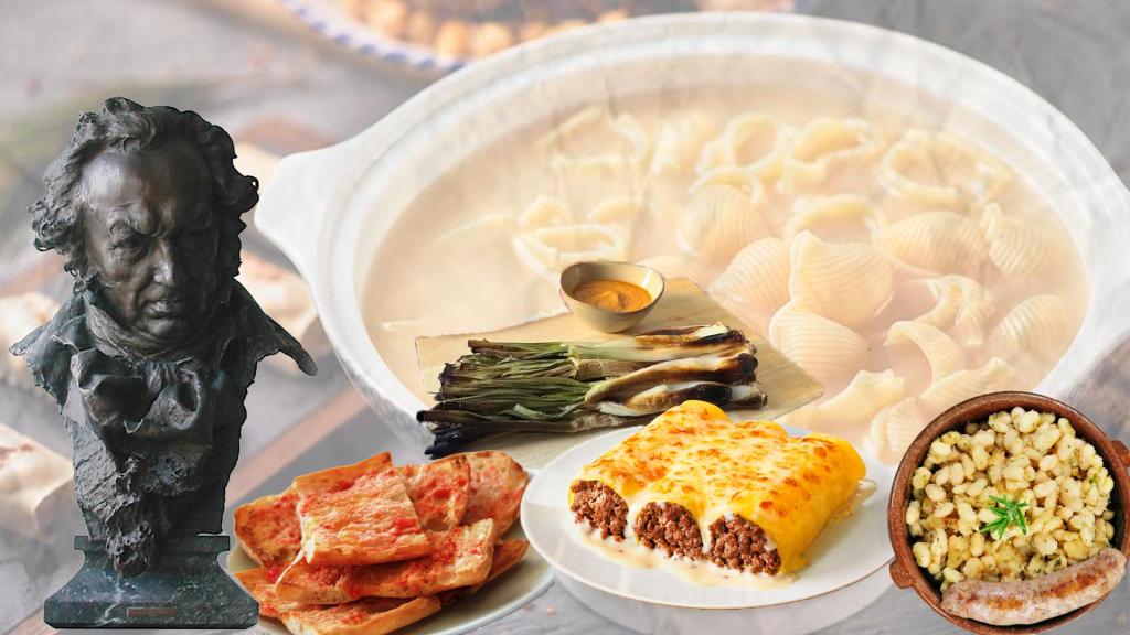Platos típicos catalanes y estatuilla de los Goya