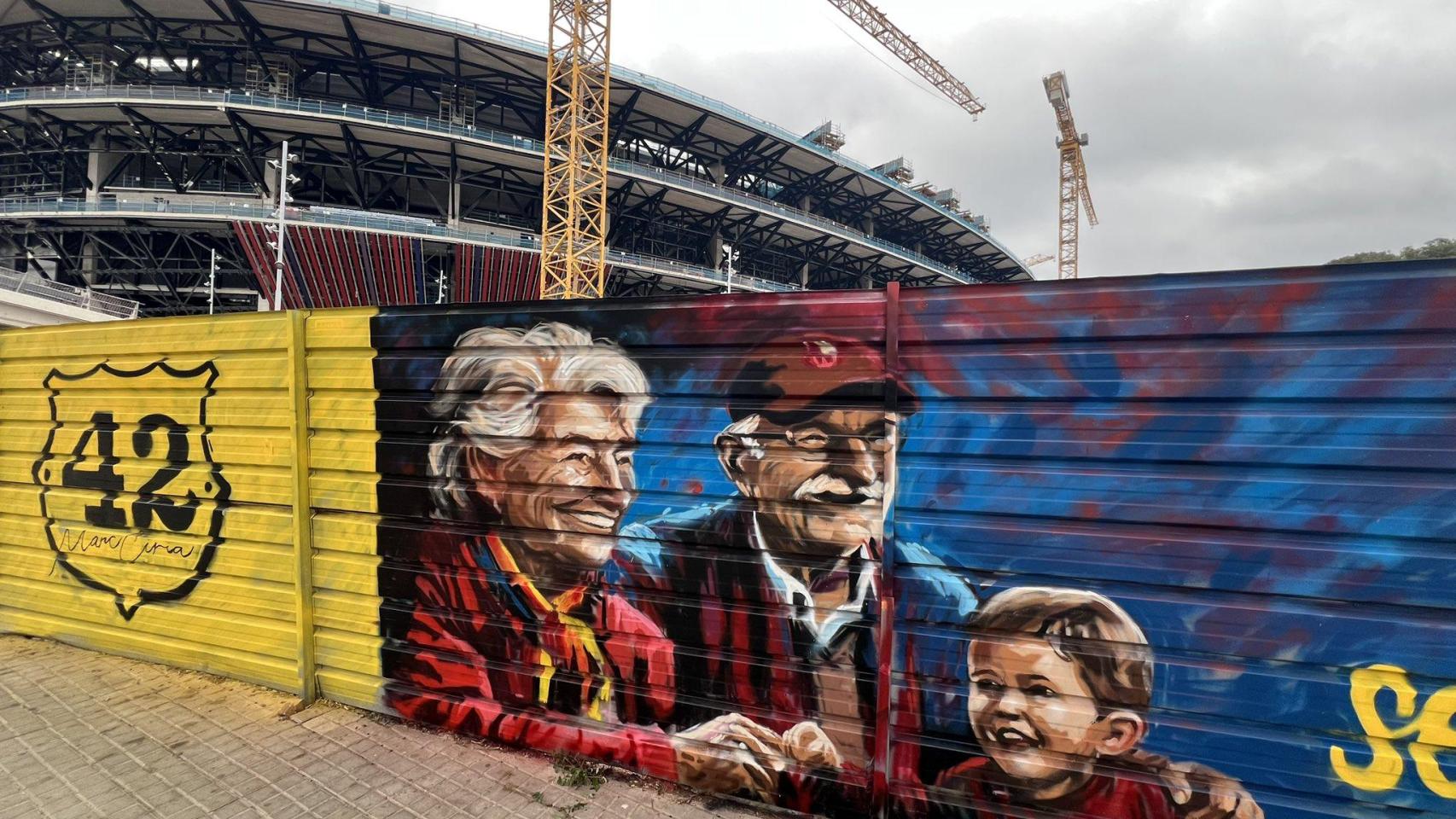 El grafiti pintado por la precandidatura de Marc Ciria en las obras del Spotify Camp Nou
