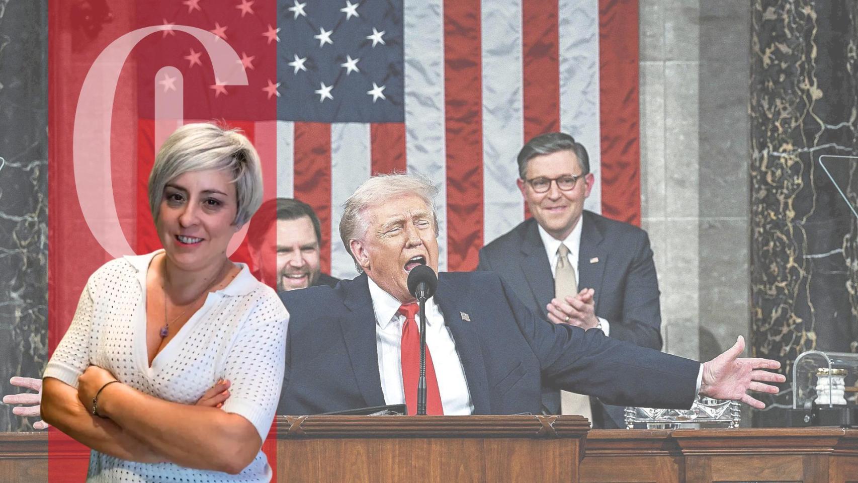 Un fotomontaje de la abogada Núria González con una imagen de Donald Trump de fondo