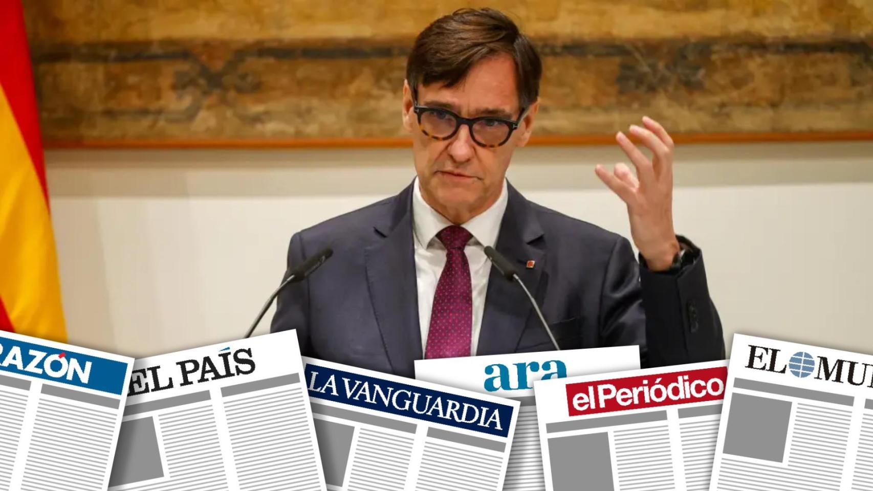 Un montaje con una foto de el 'president' Illa de fondo y las cabeceras de los principales periódicos catalanes superpuestas