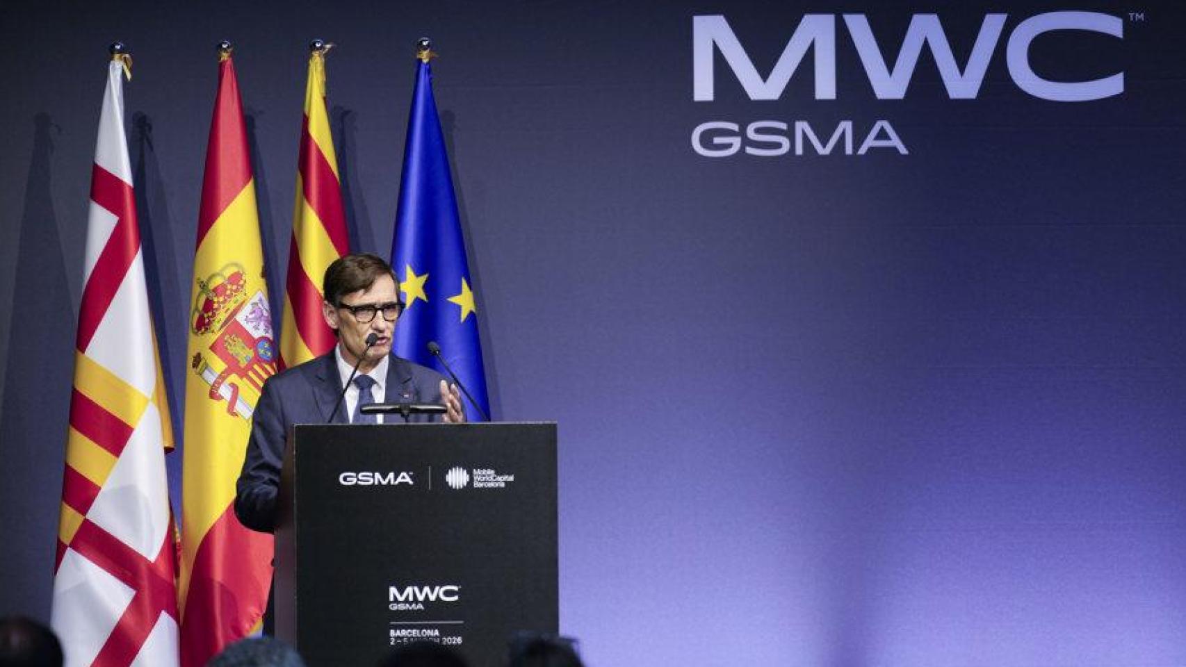 El presidente de la Generalitat, Salvador Illa, durante su discurso en la cena inaugural del Mobile World Congress