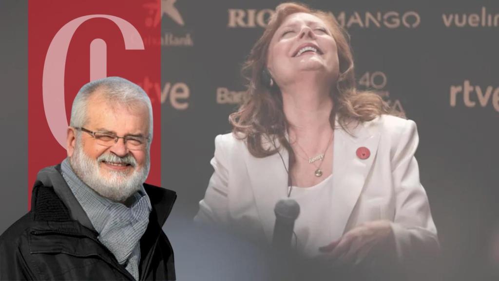 Un montaje con una foto de Guillem Bota sobre una imagen de la actriz Susan Sarandon de fondo