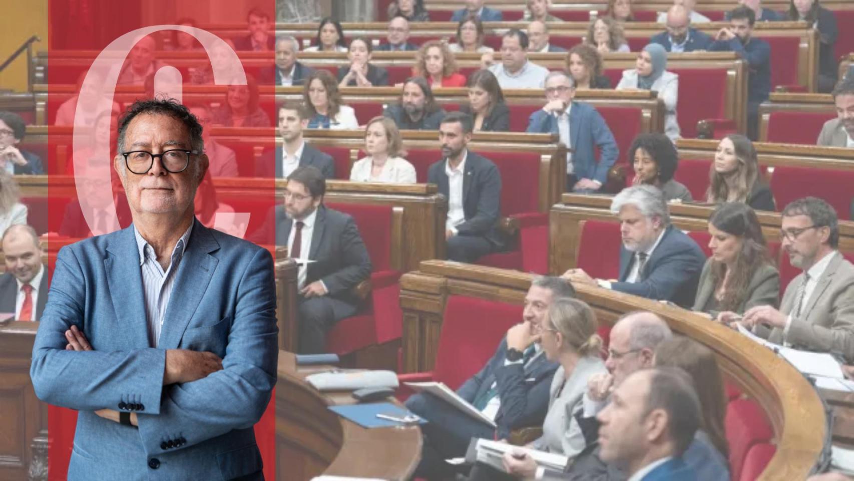 Un montaje con una imagen de Manuel Gómez Acosta y una foto del Parlament de Cataluña