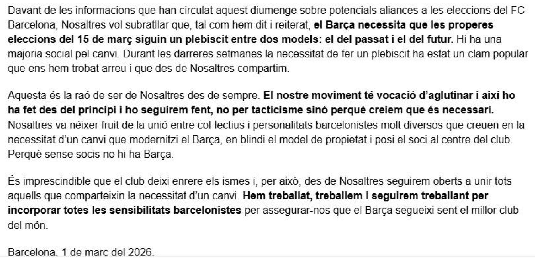 Comunicado de 'Nosaltres', movimiento liderado por Víctor Font, sobre los acuerdos y posibles alianzas contra Laporta