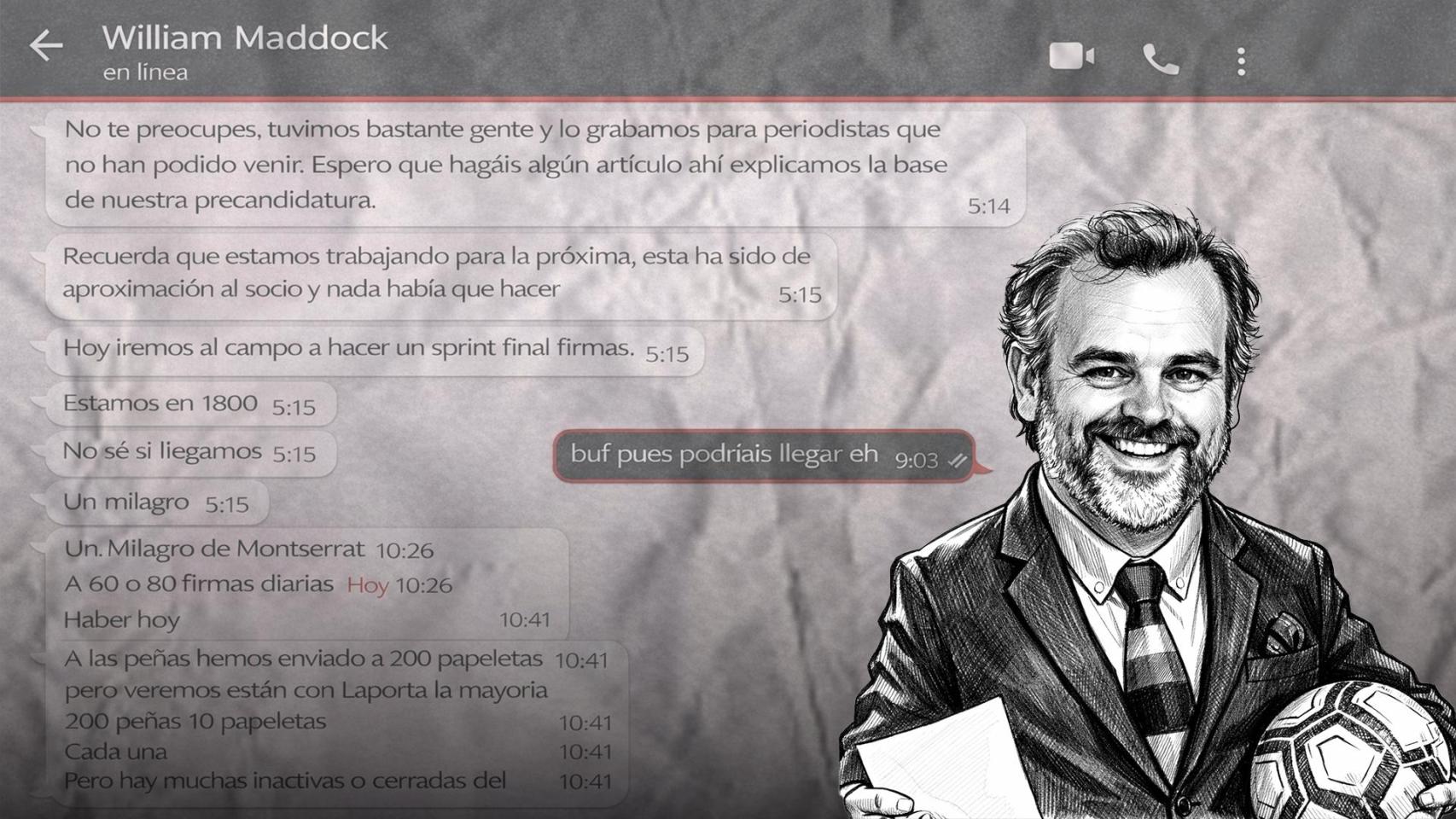 Un montaje con una recreación del chat de William Maddock al que ha tenido acceso Crónica Global y una caricatura de su cara