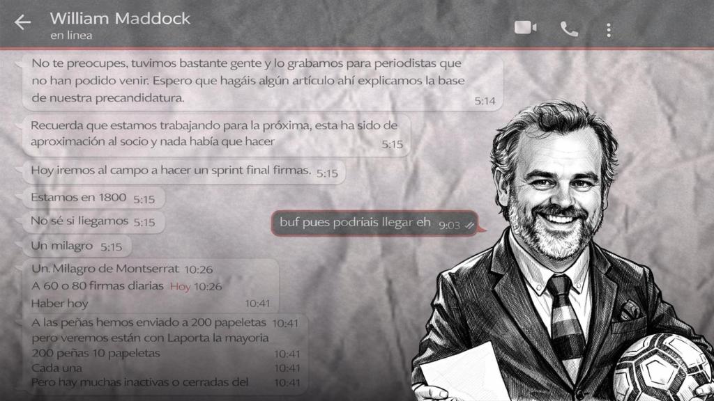 Un montaje con una recreación del chat de William Maddock al que ha tenido acceso Crónica Global y una caricatura de su cara