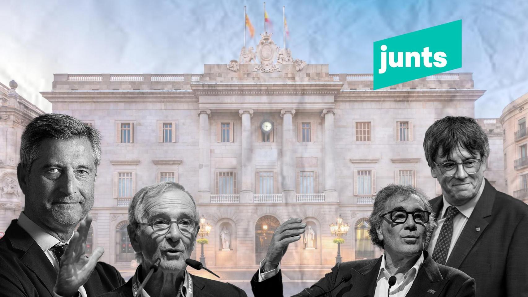 Fotomontaje de Carles Puigdemont, Tatxo Benet, Jordi Martí y Xavier Trias con el Ayuntamiento de Barcelona de fondo