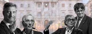 Fotomontaje de Carles Puigdemont, Tatxo Benet, Jordi Martí y Xavier Trias con el Ayuntamiento de Barcelona de fondo