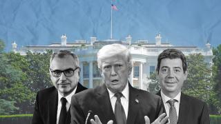 Fotomontaje de marc Puig (Puig), Donald Trump y Eloi Planes (Fluidra)