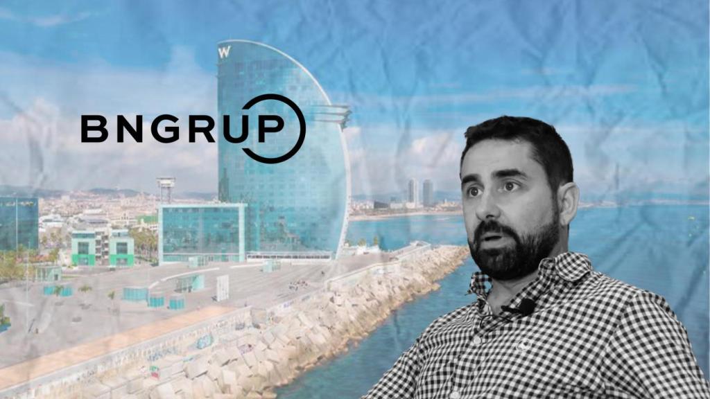 Adrià Bonell con el logo de BN Grup y el puerto de Barcelona de fondo