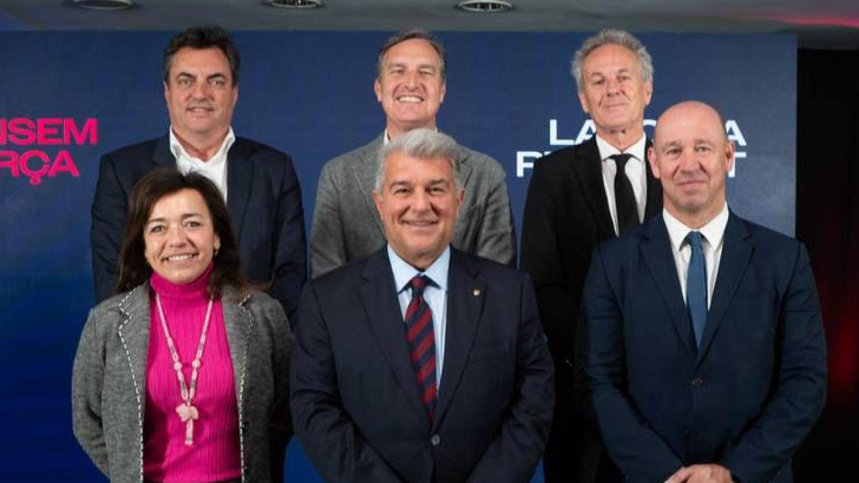 Joan Laporta con sus cinco directivos nuevos: Jaume Nicolás, Jaume Santiveri, Carles Ayats, Xavier Barniol y Carme Hortalà