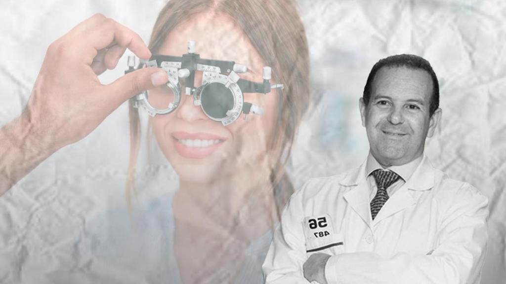 Montaje con una fotografía de Javier Rodríguez, presidente de la APOE, y una mujer haciéndose pruebas de la vista