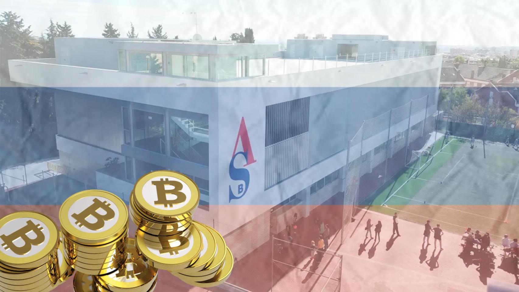 Montaje con la American School of Barcelona, la bandera de Rusia y criptomonedas