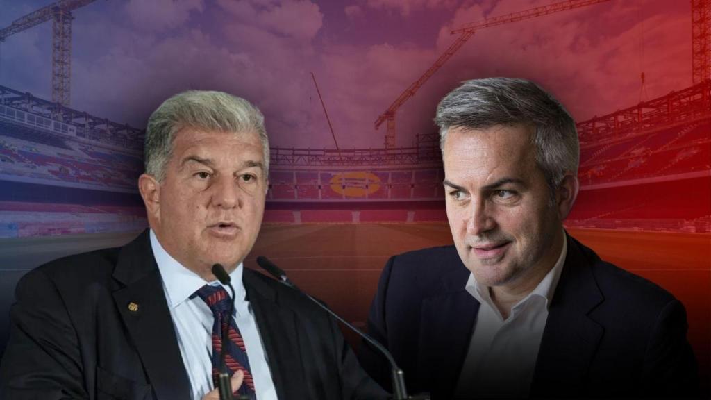 Joan Laporta y Víctor Font, en un fotomontaje con el Spotify Camp Nou de fondo