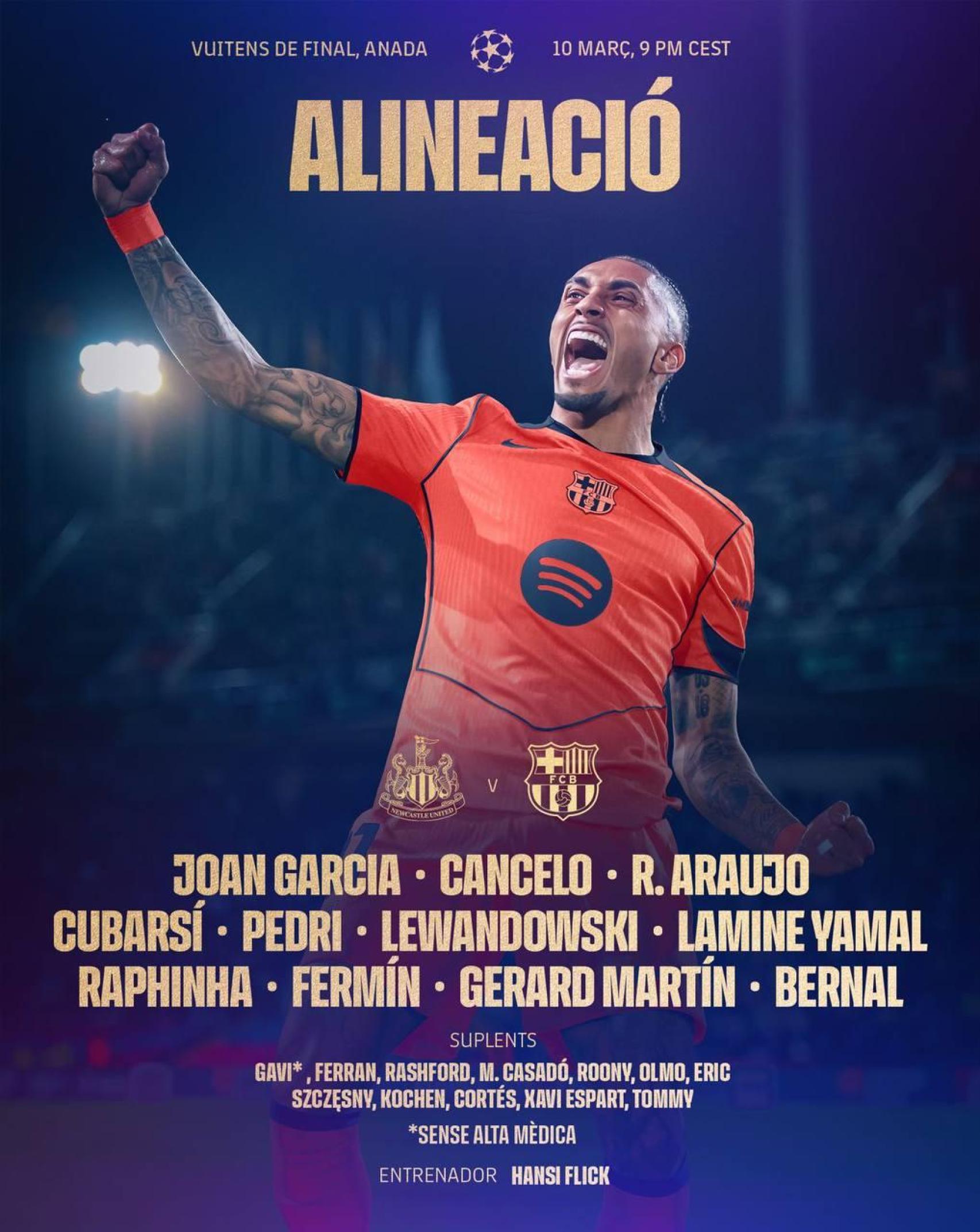 L'alineació del Barça per al partit contra el Newcastle
