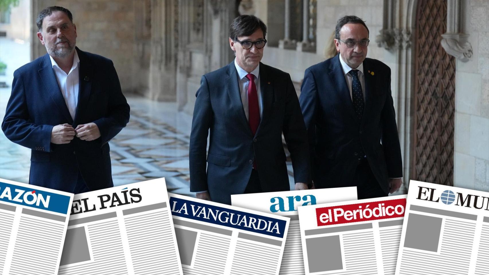 (I-D) El presidente de ERC, Oriol Junqueras; el president de la Generalitat de Catalunya, Salvador Illa y el presidente del Parlament, Josep Rull, a su llegada al acto inaugural del ‘Any Josep Irla’
