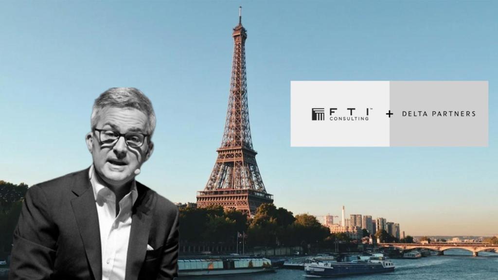 El empresario y candidato a la presidencia del Barça, Víctor Font, con parís de fondo y los nombres de FTI y Delta Partners