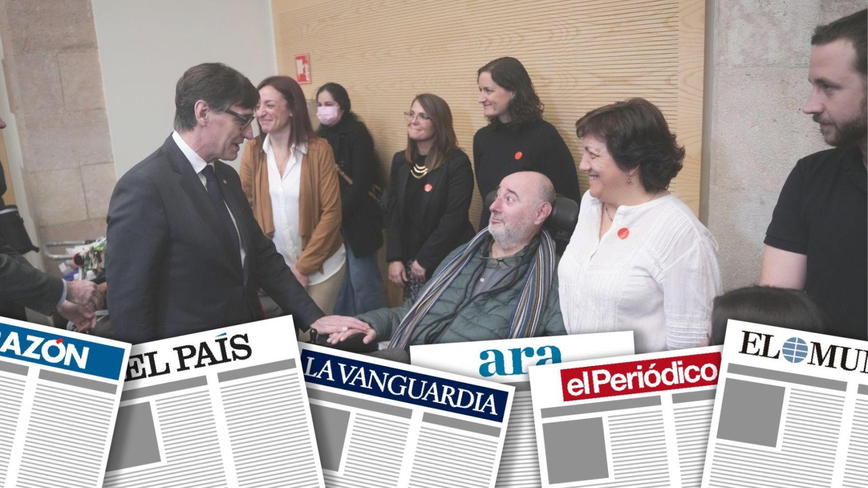 Fotomontaje con el presidente de la Generalitat, Salvador Illa, durante una reunión a puerta cerrada con la Fundació Miquel Valls, Asem Catalunya y Fundame sobre el despliegue de la ley ELA