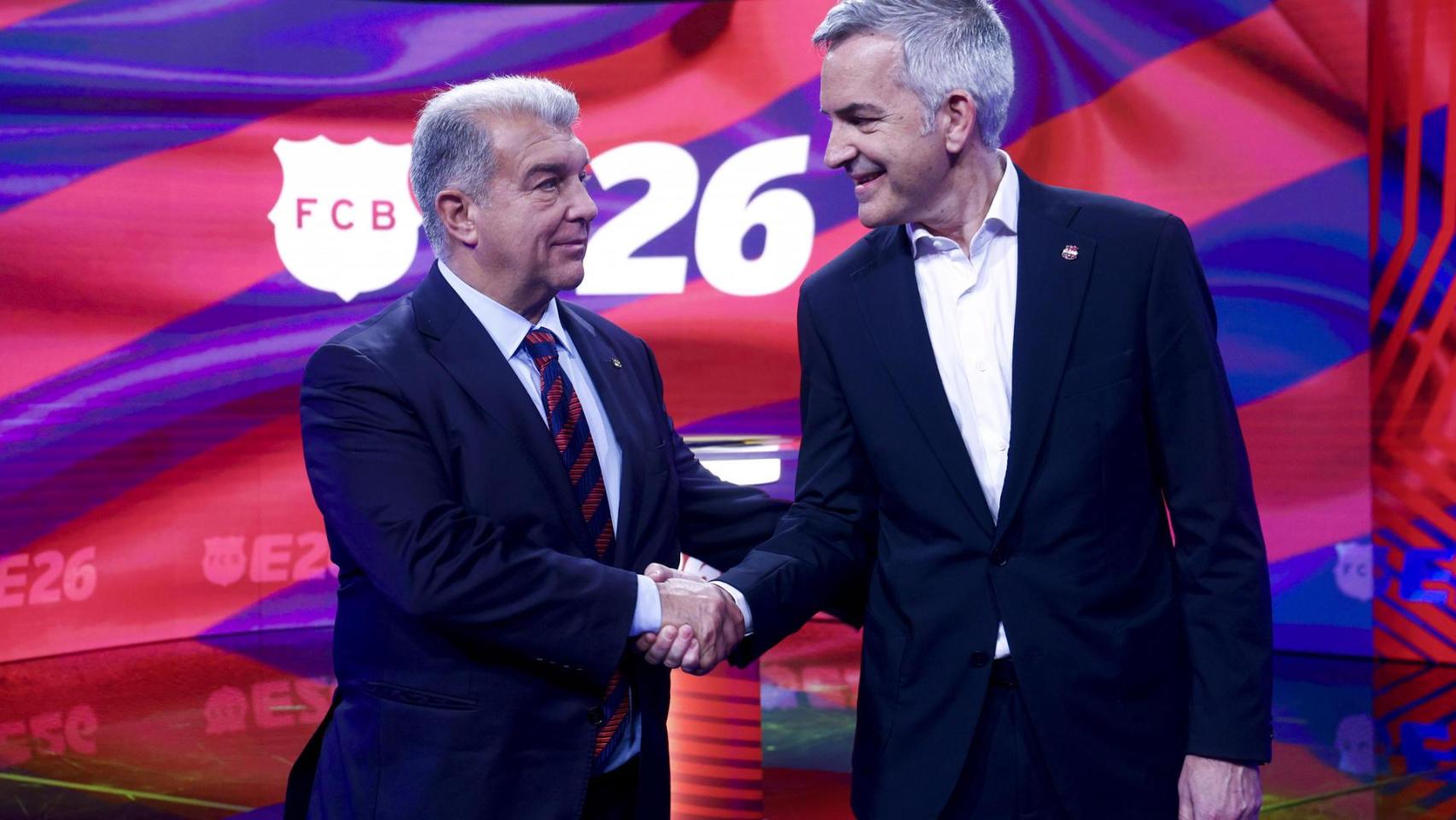 Joan Laporta y Víctor Font se dan la mano en el debate electoral de TV3