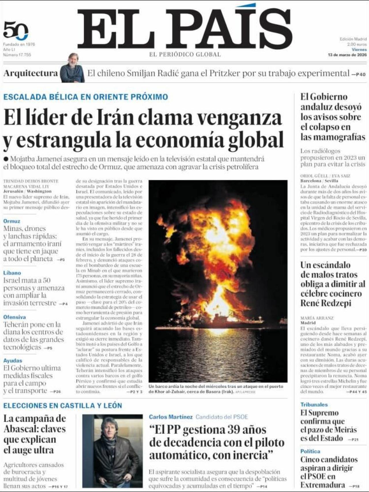 La portada d'El País el 13 de març