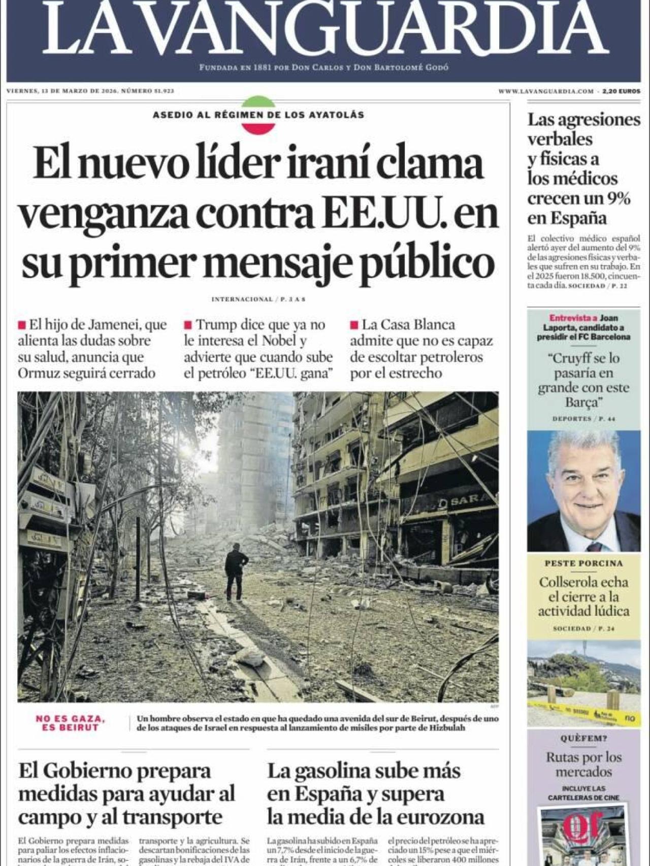 La portada de 'La Vanguardia' el 13 de març