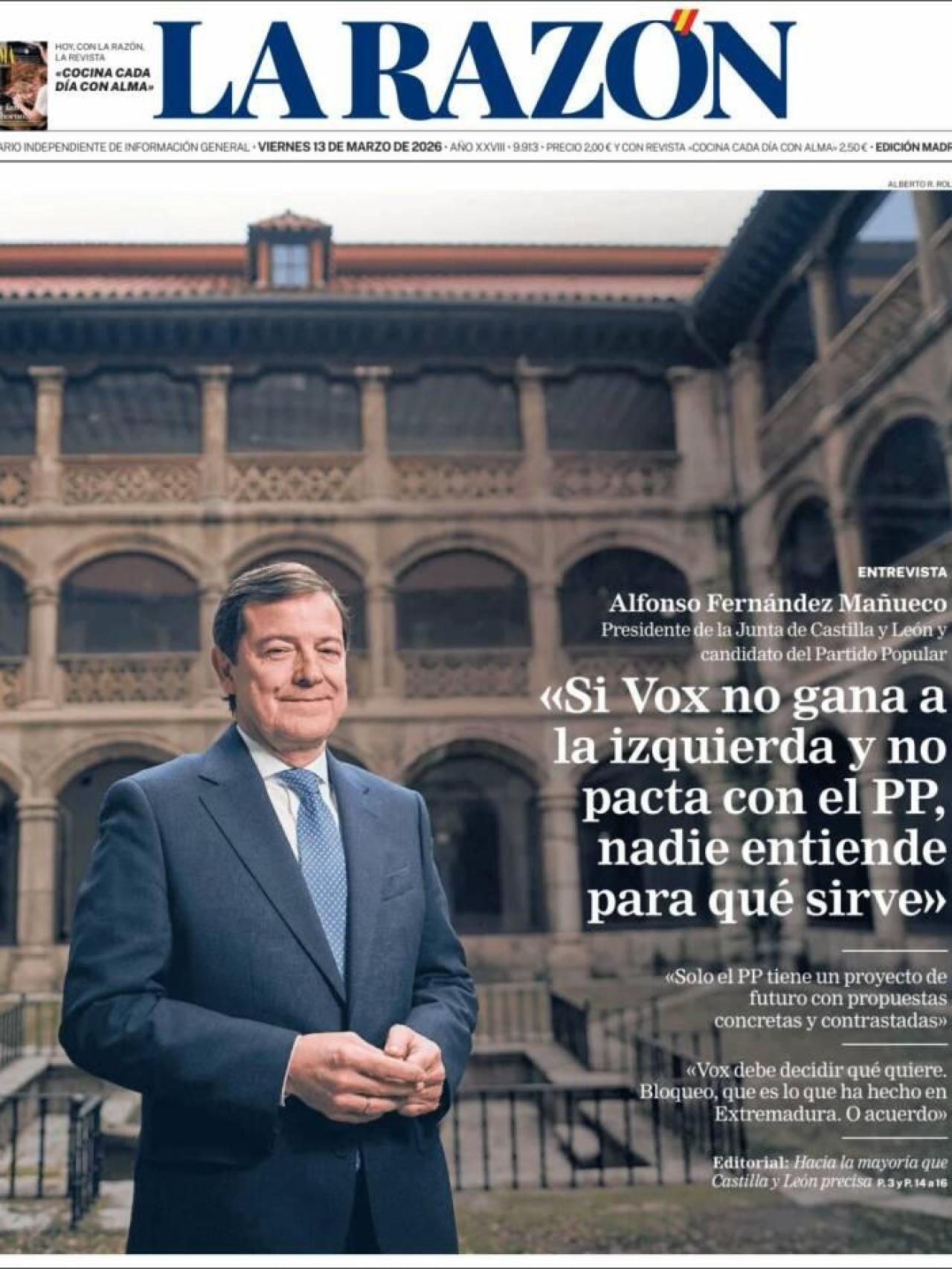 La portada de 'La Razón' el 13 de març