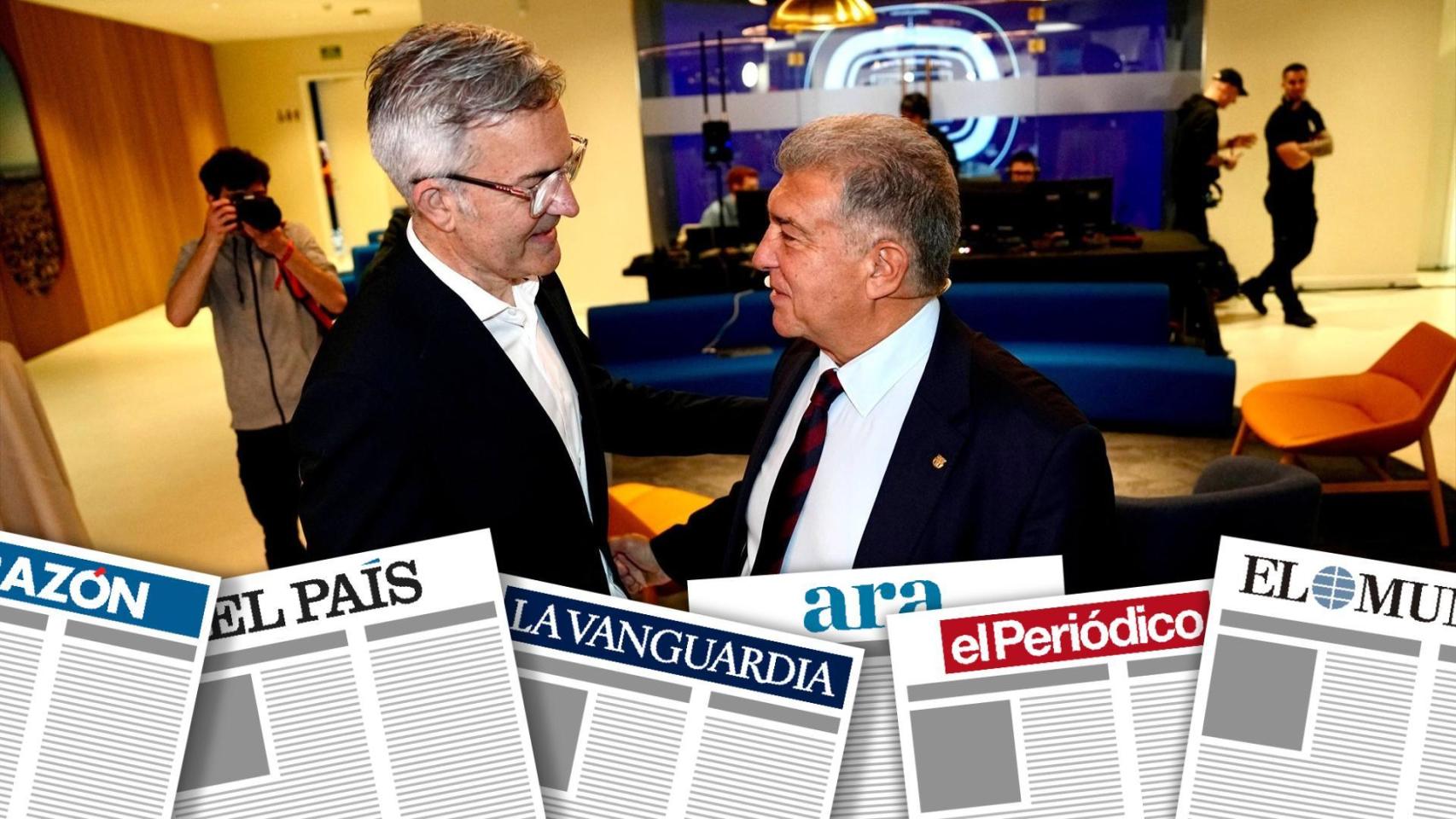 Montaje de primeras planas con los candidatos a la presidencia del FC Barcelona Víctor Font y Joan Laporta antes del debate