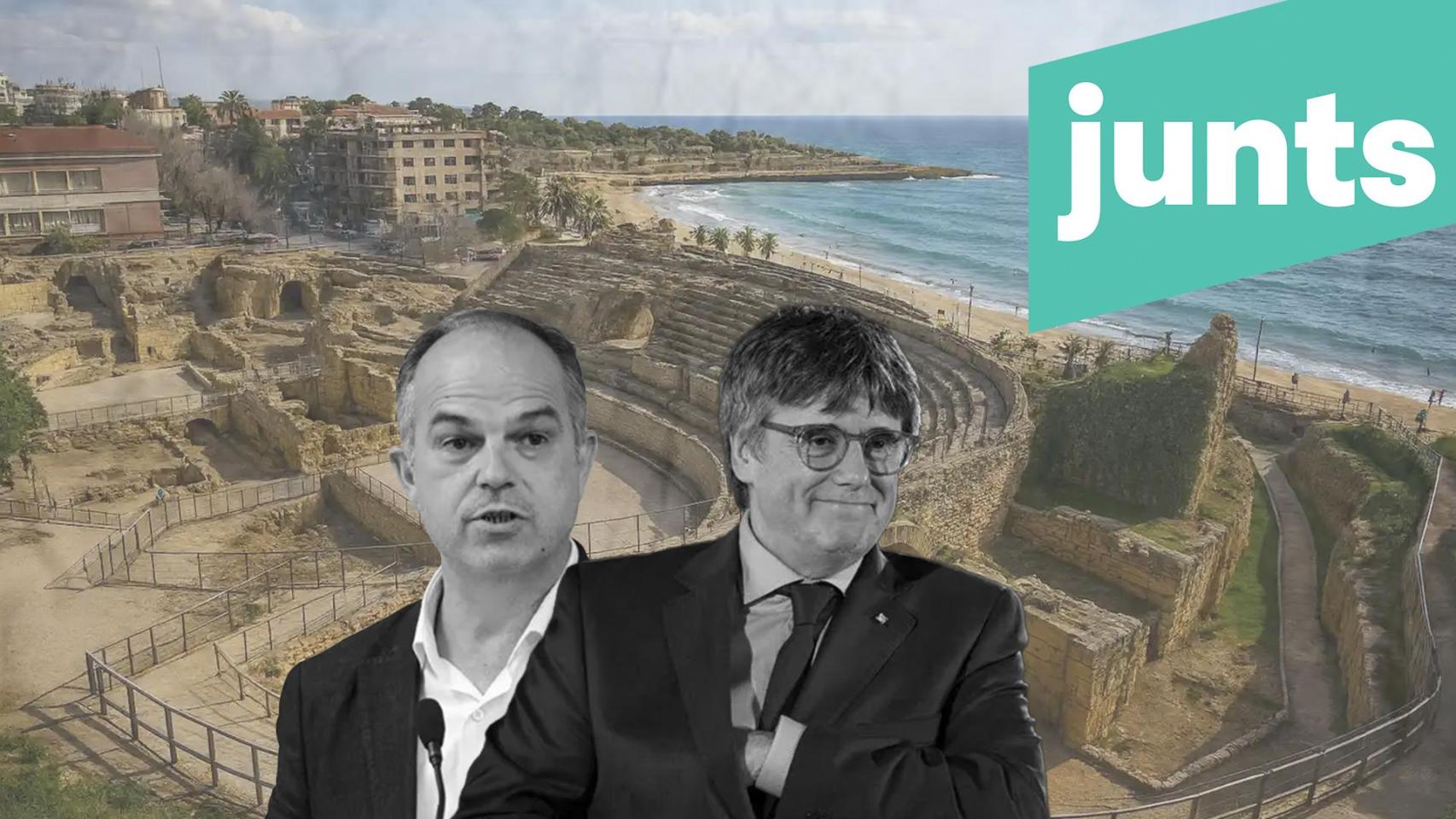 Fotomontaje de Carles Puigdemont, Jordi Turull y de fondo la ciudad de Tarragona
