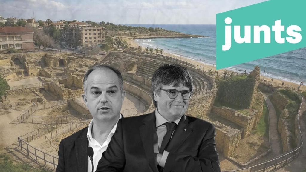 Fotomontaje de Carles Puigdemont, Jordi Turull y de fondo la ciudad de Tarragona